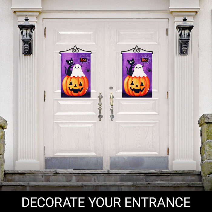 G128 12x18IN Halloween Ghost Cat Pumpkin Garden Flag with 14IN Hanger