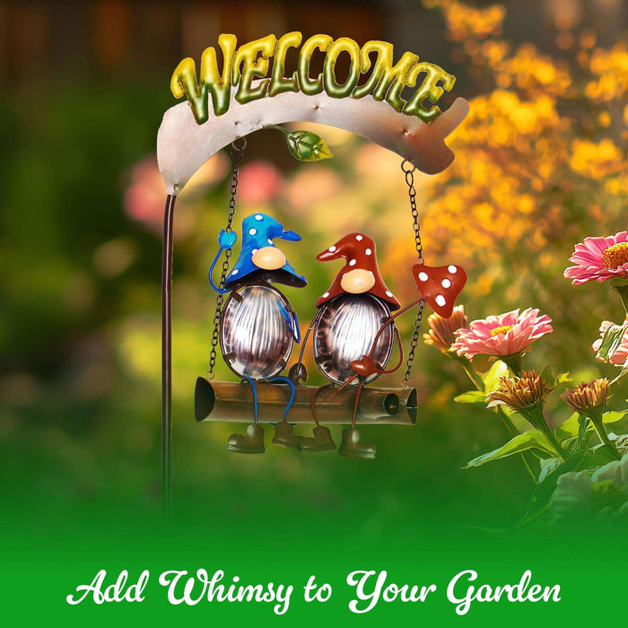 G128 Gnome Solar Lights Garden Stake Decor with Welcome Sign | Gnome Yard Garden Decor for Outside Lawn Porch Backyard Patio