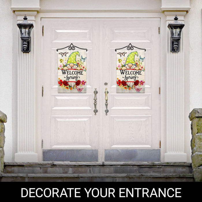G128 Combo Pack Garden Flag Hanger 14IN & Garden Flag Welcome Spring Gnome Flowers Printed 12x18IN Double Sided