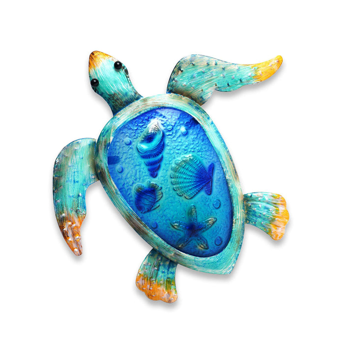 G128 coastal sea turtle metal wall art with glass inlay, 13 inch nominal size