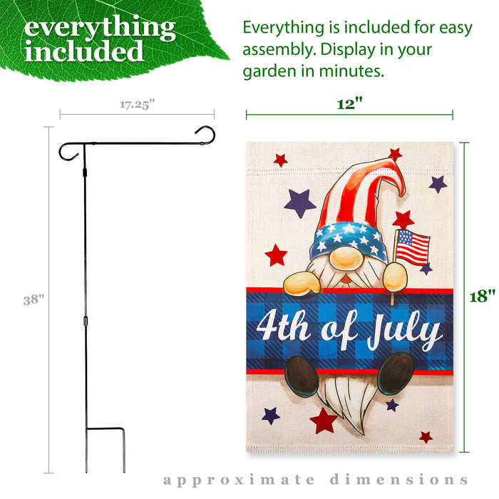 G128 Combo Pack: Garden Flag Stand 36x16IN & Garden Flag 4th of July Gnome Printed 12x18IN Double Sided