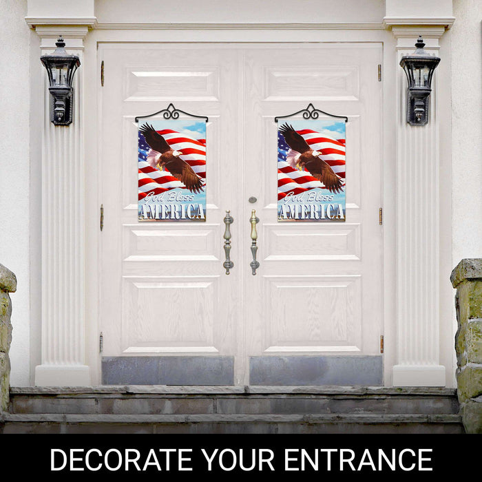G128 Combo Pack Garden Flag Hanger 14IN & Garden Flag God Bless America with Eagle Printed 12x18IN Double Sided