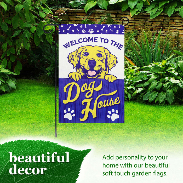 G128 Combo Pack: Garden Flag Stand Black 36x16IN & Garden Flag Welcome to the Dog House Yellow Labrador Printed 12x18IN Double Sided Yard Lawn Decoration