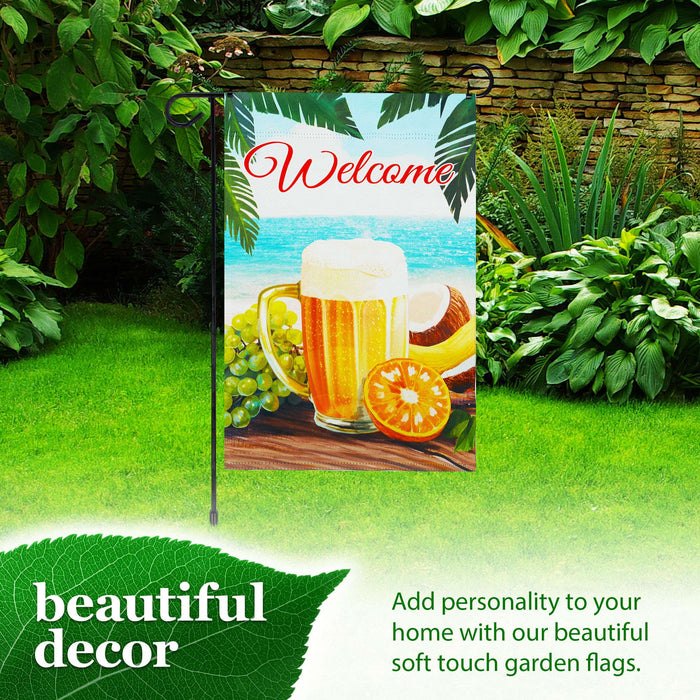 G128 Combo Pack: Garden Flag Stand 36x16IN & Garden Flag Welcome Beach Drink Printed 12x18IN Double Sided