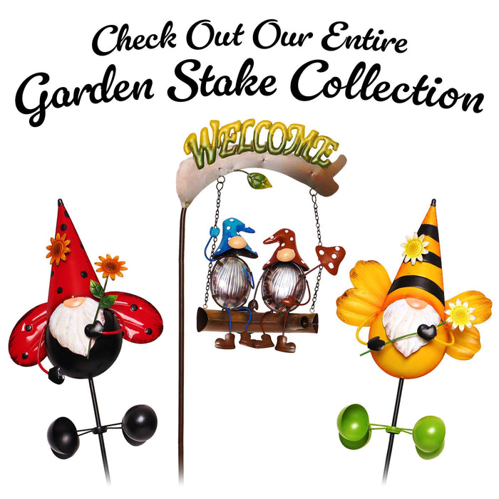 G128 Gnome Labybug Metal Yard Wind Spinner Stake | Outdoor 48 inch Gnome Statue Decorations 360 Degrees Swivel Wind Spinner for Patio Garden Backyard