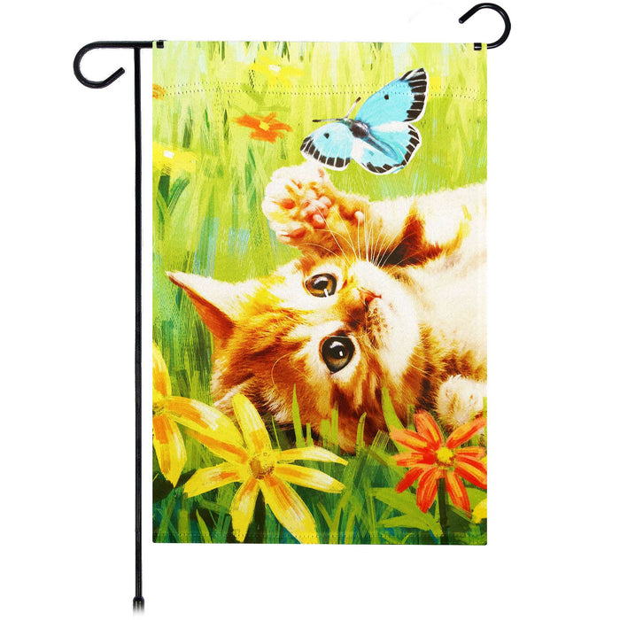 G128 Kitten Butterfly Flowers Garden Flag 12x18 In Double Sided Spring Yard Garden Lawn Decoration