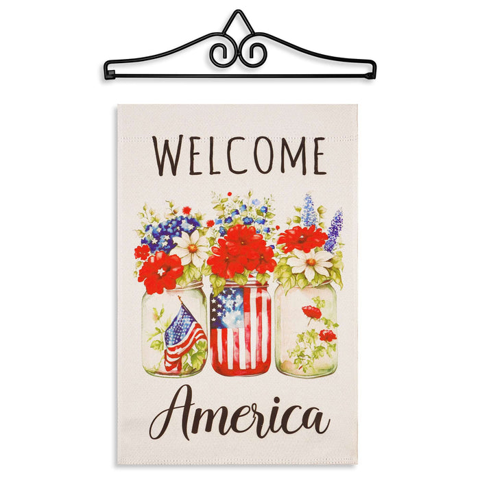 G128 Combo Pack Garden Flag Hanger 14IN & Garden Flag Welcome America Mason Jars Printed 12x18IN Double Sided Yard Garden Lawn Decoration