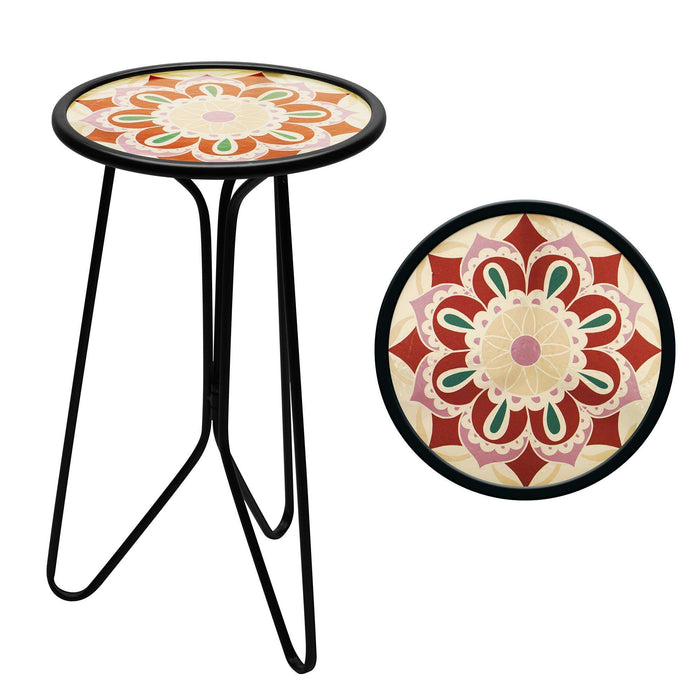 G128 12 in Round Glass Outdoor Side Table Purple Mandala Pattern | Decorative Plant Stand, Small End Table for Garden Patio Porch Living Room
