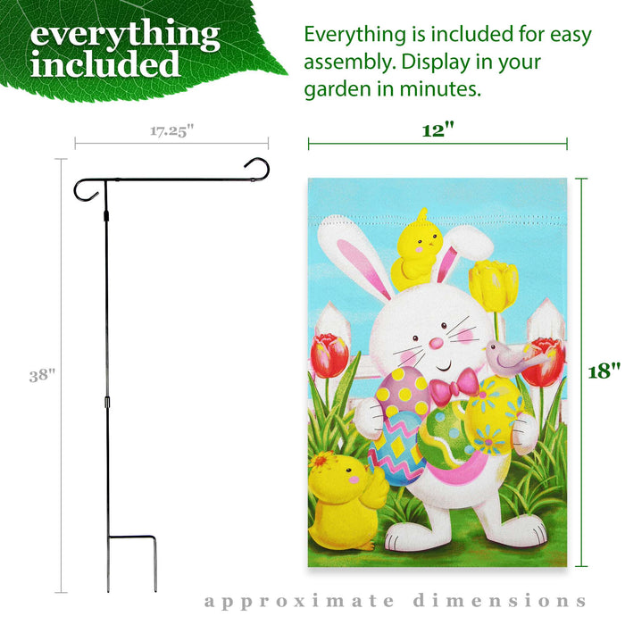 G128 Combo Pack: Garden Flag Stand 36x16IN & Garden Flag Happy Easter White Bunny with Easter Eggs Printed 12x18IN Double Sided