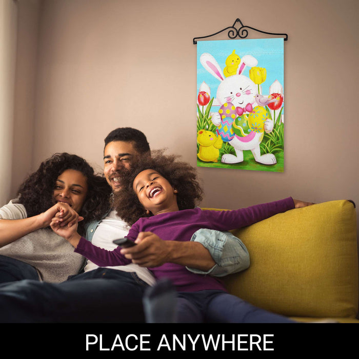 G128 Combo Pack Garden Flag Hanger 14IN & Garden Flag Happy Easter White Bunny with Easter Eggs Printed 12x18IN Double Sided