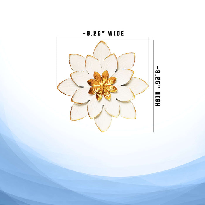 G128 9 IN White and Gold Flower Metal Wall Art Decor | Elegant Floral Wall Hanging Decor for Indoor Living Room Bedroom Office Outdoor Garden Patio Yard