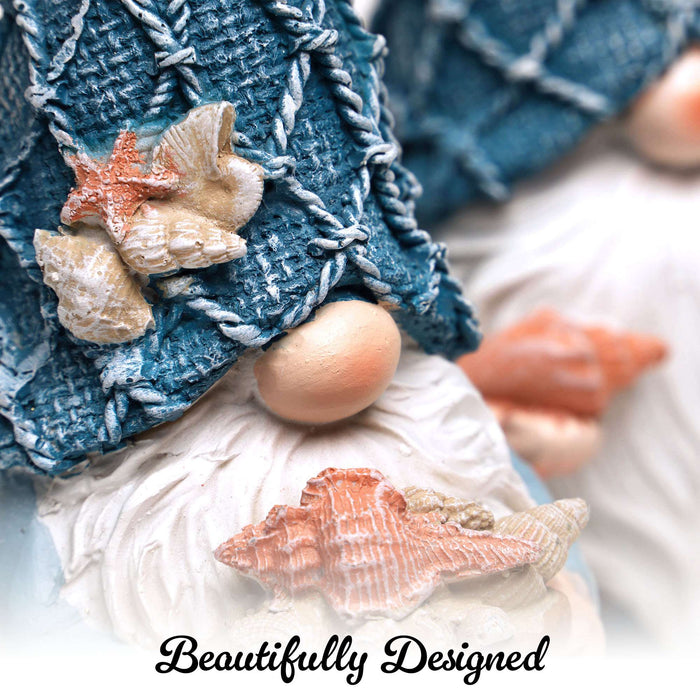 G128 Coastal Gnome Statue Set of 2 | Beach Themed Seasonal Gnome Figurines for Bookshelf, Home, Garden
