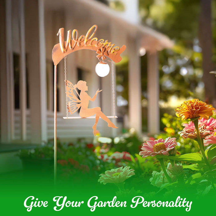 G128 Fairy Welcome Solar Lights Garden Stake Decor for Outside | 50IN Metal Fairy Figurine Stake Decor for Patio Lawn Yard Pathway Outdoor Home