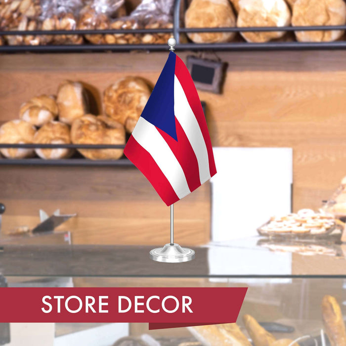 G128 Puerto Rico Puerto Rican Deluxe Desk Flag Set | 8.5x5.5 In | Printed 300D Polyester, with Silver Dome and Base, 15" Metal Pole, Decorations For Office, Home and Festival Events Celebration