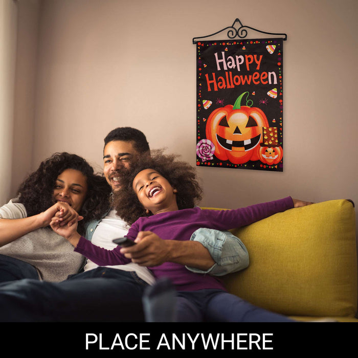 G128 12x18IN Happy Halloween Pumpkin Candy Garden Flag with 14IN Hanger
