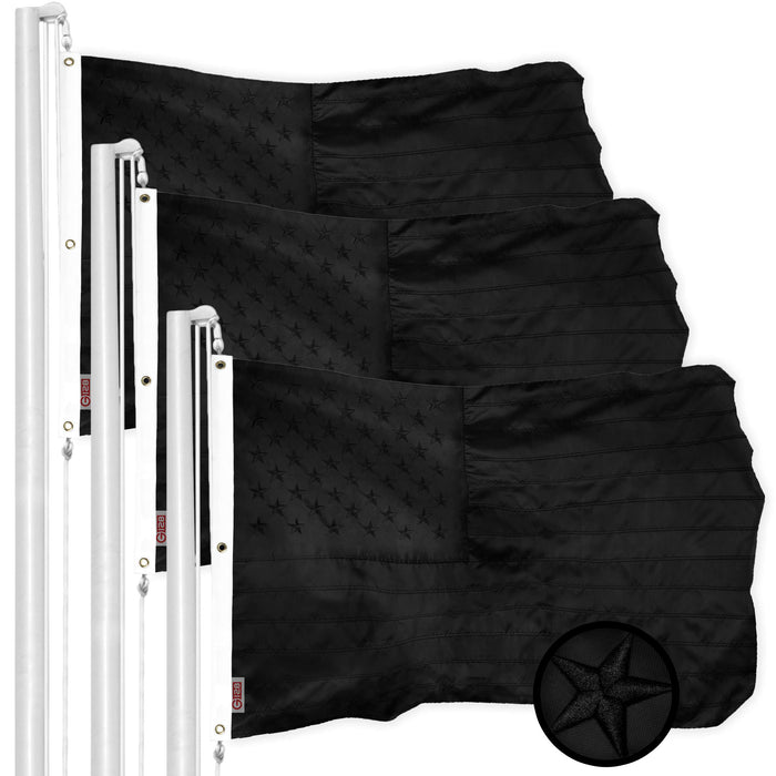G128 3 Pack: American USA All Black Flag | 6x10 Ft | ToughWeave Series Embroidered 210D Polyester | Embroidered Stars, Sewn Stripes, Indoor/Outdoor, Vibrant Colors, Brass Grommets
