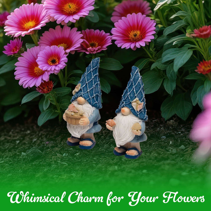 G128 Coastal Gnome Statue Set of 2 | Beach Themed Seasonal Gnome Figurines for Bookshelf, Home, Garden