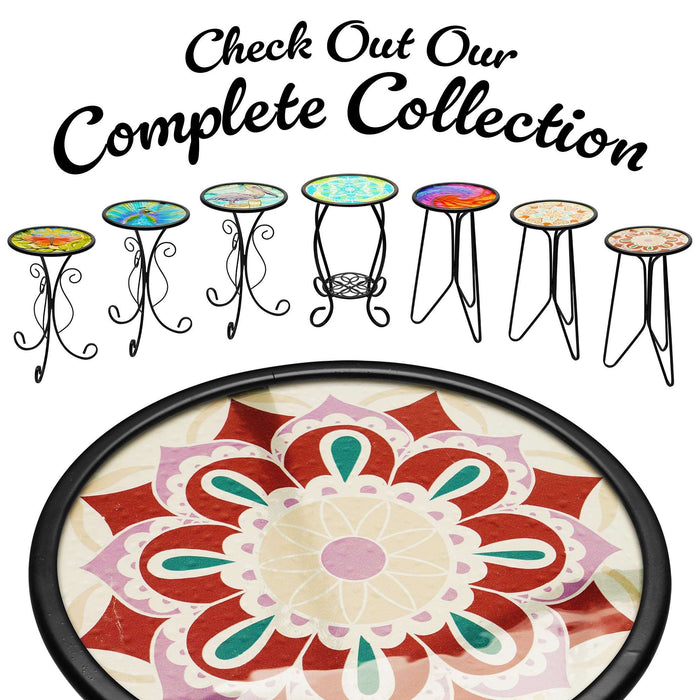 G128 12 in Round Glass Outdoor Side Table Purple Mandala Pattern | Decorative Plant Stand, Small End Table for Garden Patio Porch Living Room
