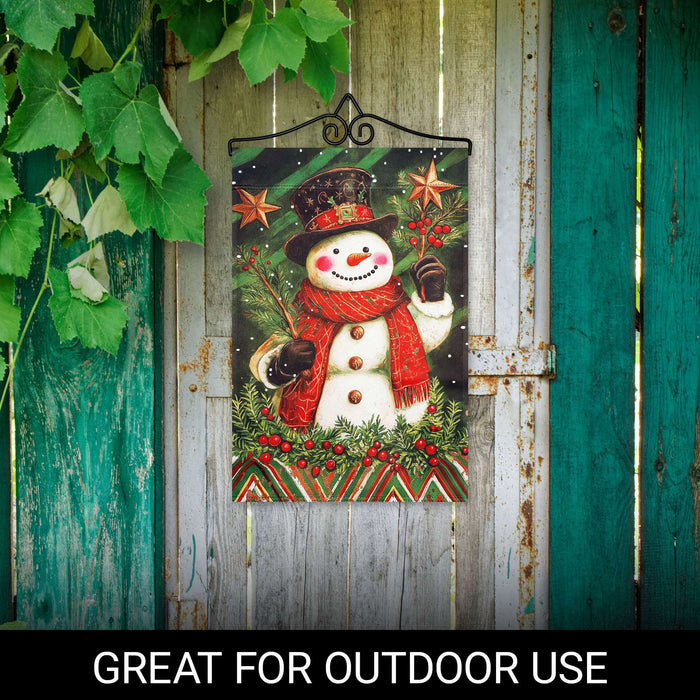 G128 12x18IN Christmas Red Scarf Snowman Holly Garden Flag with 14IN Hanger