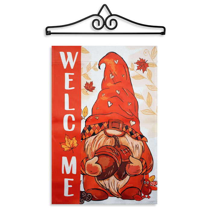 G128 12x18IN Welcome Fall Gnome Acorn Garden Flag with 14IN Hanger
