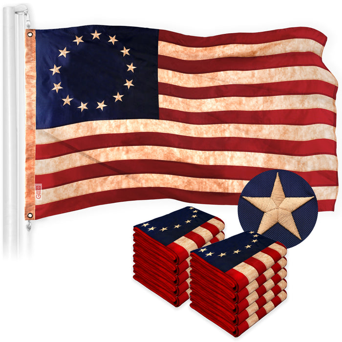 G128 10 Pack: Betsy Ross Tea-Stained Flag | 2x3 Ft | ToughWeave Pro Series Embroidered 420D Polyester | Historical Flag