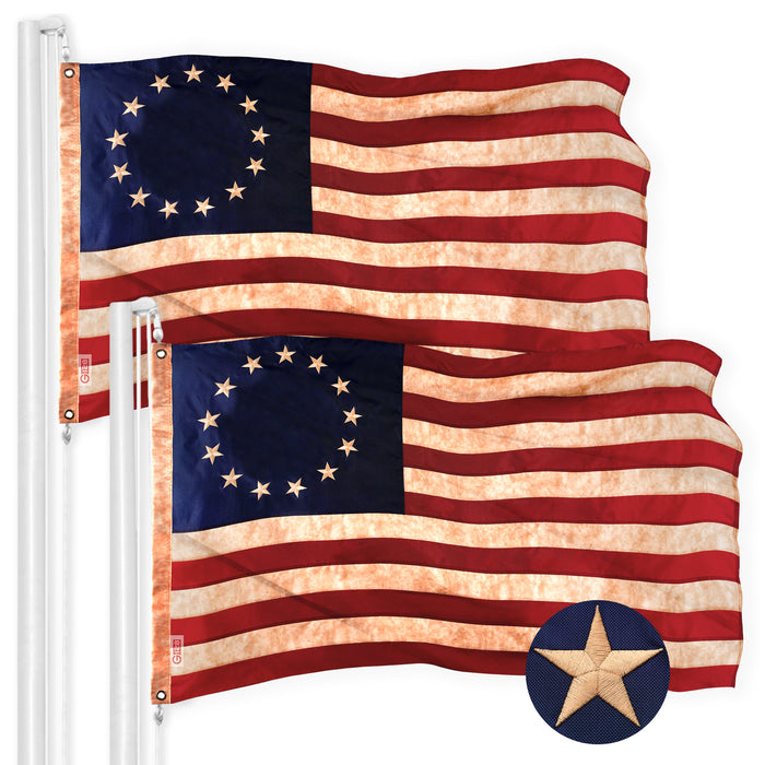 G128 2 Pack: Betsy Ross Tea-Stained Flag | 1x1.5 Ft | ToughWeave Pro Series Embroidered 420D Polyester | Historical Flag