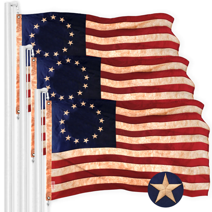 G128 3 Pack: Betsy Ross Tea-Stained Flag | 3x5 Ft | ToughWeave Pro Series Embroidered 420D Polyester | Historical Flag