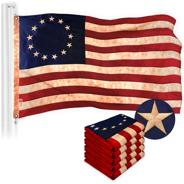 G128 5 Pack: Betsy Ross Tea-Stained Flag | 1x1.5 Ft | ToughWeave Pro Series Embroidered 420D Polyester | Historical Flag