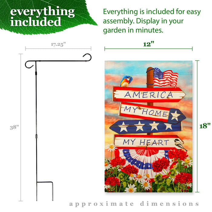 G128 Combo Pack: Garden Flag Stand 36x16IN & Garden Flag America My Home My Heart Printed 12x18IN Double Sided