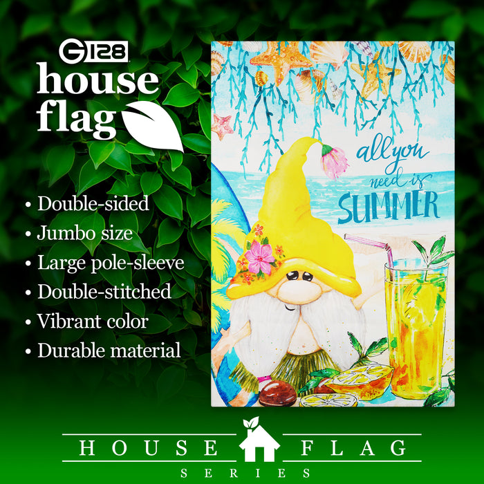 G128 House Flag All You Need is Summer Gnome | 28x40 Inch | Printed Blockout Polyester - Summer Decoration