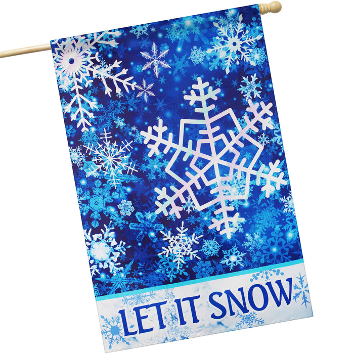 G128 House Flag Let It Snow Snowflakes | 28x40 Inch | Printed Blockout Polyester - Winter Decoration