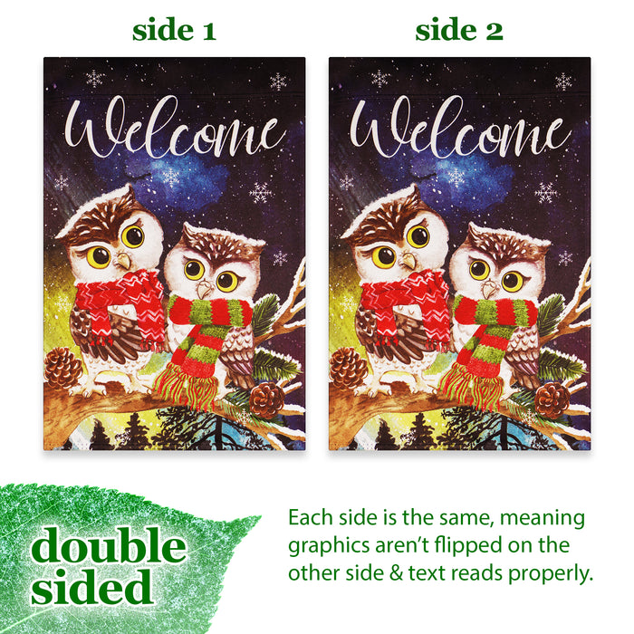 G128 Garden Flag Welcome Cozy Owls with Scarves | 12x18 Inch | Printed Blockout Polyester - Christmas Decoration