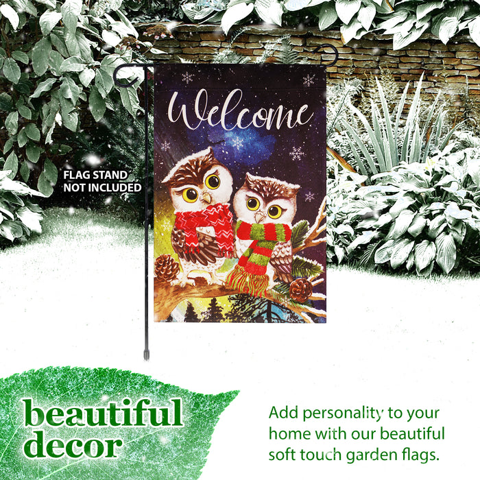 G128 Garden Flag Welcome Cozy Owls with Scarves | 12x18 Inch | Printed Blockout Polyester - Christmas Decoration