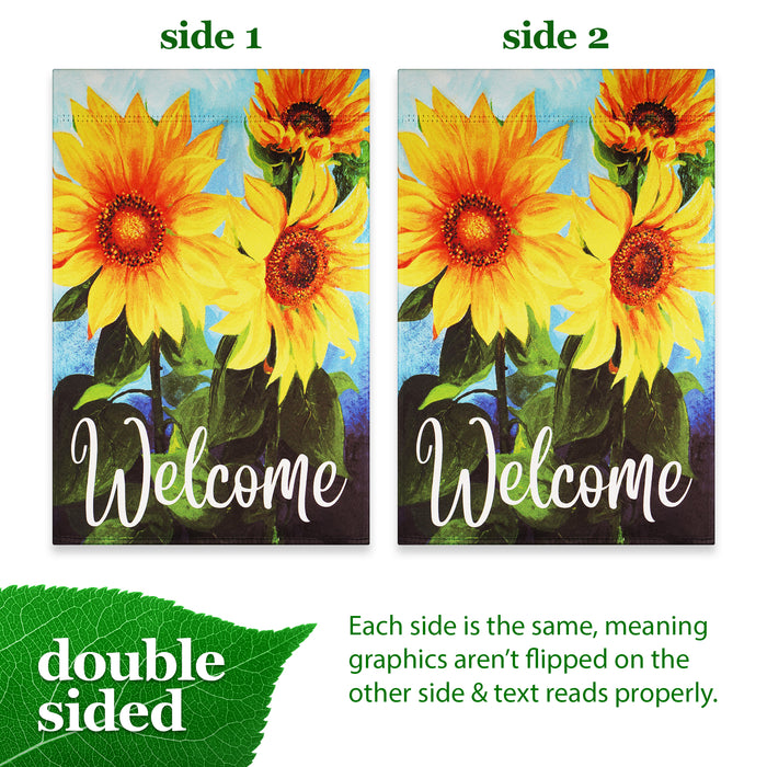 G128 Garden Flag Welcome Sunflowers Blue Sky | 12x18 Inch | Printed Blockout Polyester - Everyday Decoration