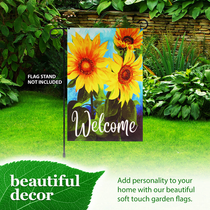 G128 Garden Flag Welcome Sunflowers Blue Sky | 12x18 Inch | Printed Blockout Polyester - Everyday Decoration