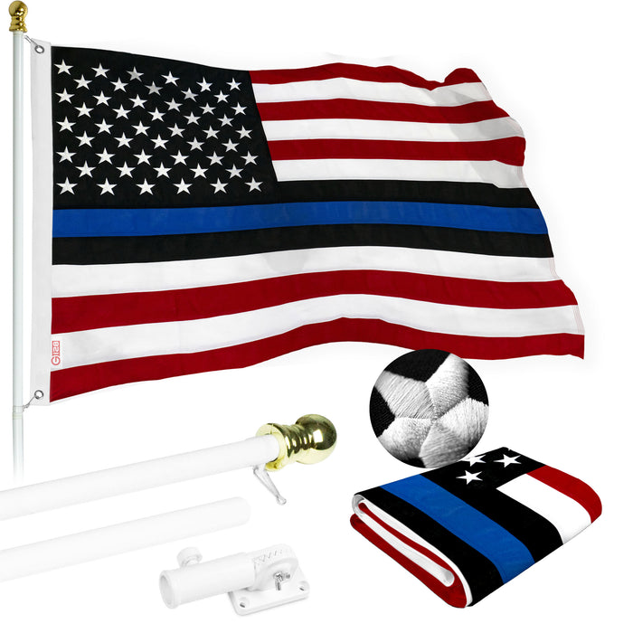 G128 - 6 Feet Tangle Free Spinning Flagpole (White) Blue Lives Matter Flag Brass Grommets Spun Polyester 3x5 ft (Flag Included) Aluminum Flag Pole