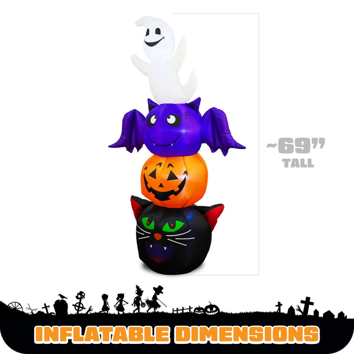 G128 6FT inflatable Halloween stack of a ghost, bat, pumpkin and black cat lit up on a lawn