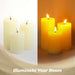 G128 set of three white flameless LED pillar candles in 6, 5, and 4 inch heights
