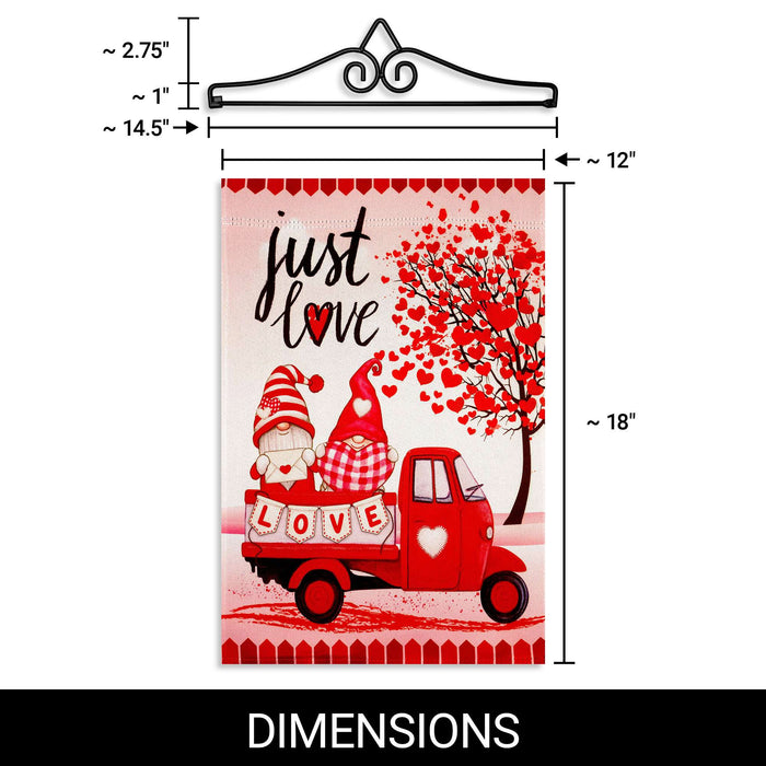 G128 Combo Pack Garden Flag Hanger 14IN & Garden Flag Valentine's Day Just Love Gnome Truck Printed 12x18IN Double Sided Yard Garden Lawn Decoration