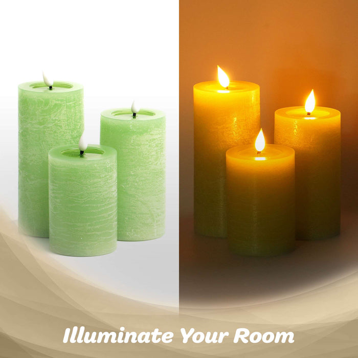 G128 set of three green flameless LED pillar candles in 6, 5, and 4 inch heights