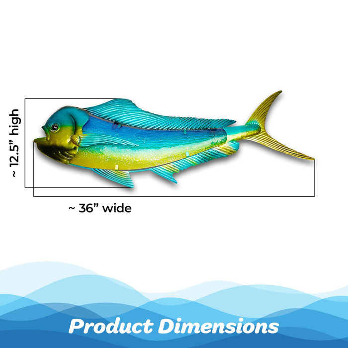 G128 36 IN Green Mahi-mahi Metal Wall Art Decor | Tropical Ocean Theme Indoor Outdoor Wall Art Hanging Decor for Bedroom, Living Room, Garden, Patio