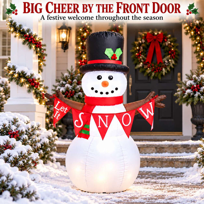 G128 5FT inflatable Christmas snowman with top hat, red scarf and Let It Snow banner lit up in a yard