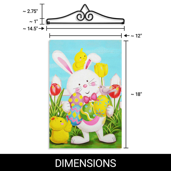G128 Combo Pack Garden Flag Hanger 14IN & Garden Flag Happy Easter White Bunny with Easter Eggs Printed 12x18IN Double Sided