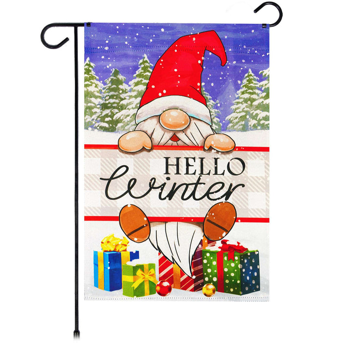 G128 Hello Winter Gnome Gifts Garden Flag 12x18 In Double Sided Winter Yard Garden Lawn Decoration