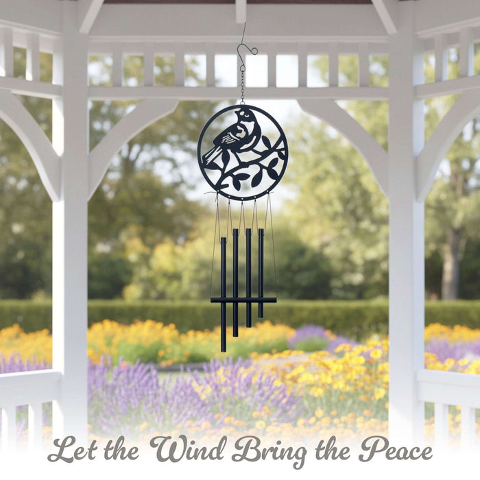 G128 black cardinal metal wind chime, about 25.5 inches hanging length