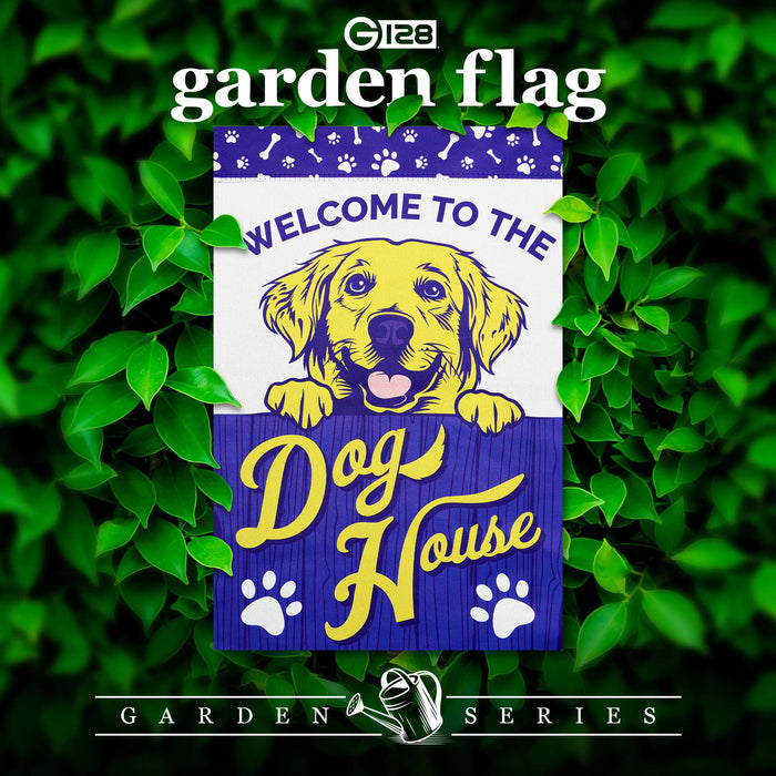 G128 Welcome to the Dog House Yellow Labrador Garden Flag 12x18 In Double Sided Blockout Fabric Yard Garden Lawn Decoration
