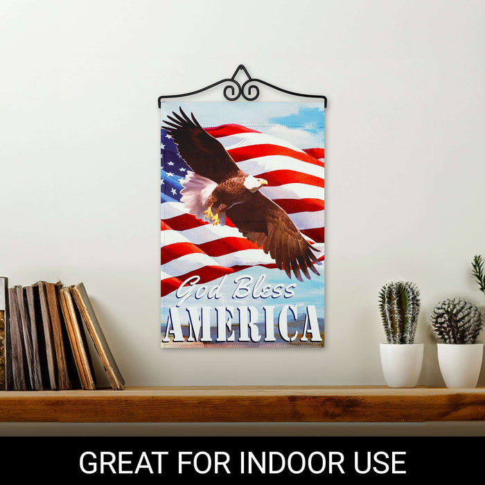 G128 Combo Pack Garden Flag Hanger 14IN & Garden Flag God Bless America with Eagle Printed 12x18IN Double Sided