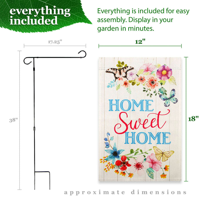 G128 Combo Pack: Garden Flag Stand 36x16IN & Garden Flag Home Sweet Home Butterflies Printed 12x18IN Double Sided