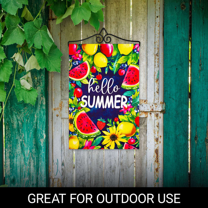 G128 12x18IN Hello Summer Watermelon Fruit Garden Flag with 14IN Hanger