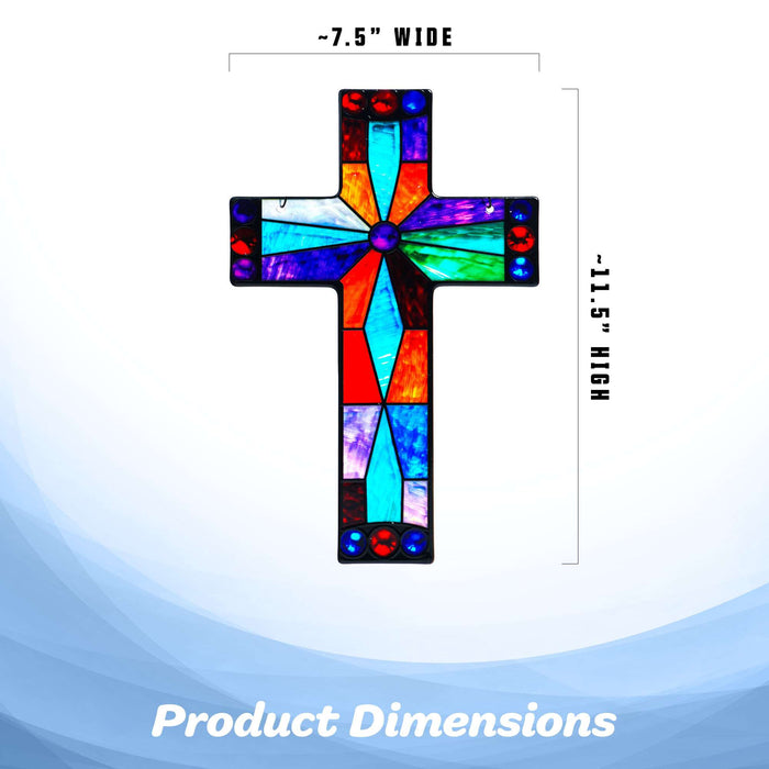 G128 religious cross stained glass suncatcher window hanging ornament with metal frame, 12 inch nominal size